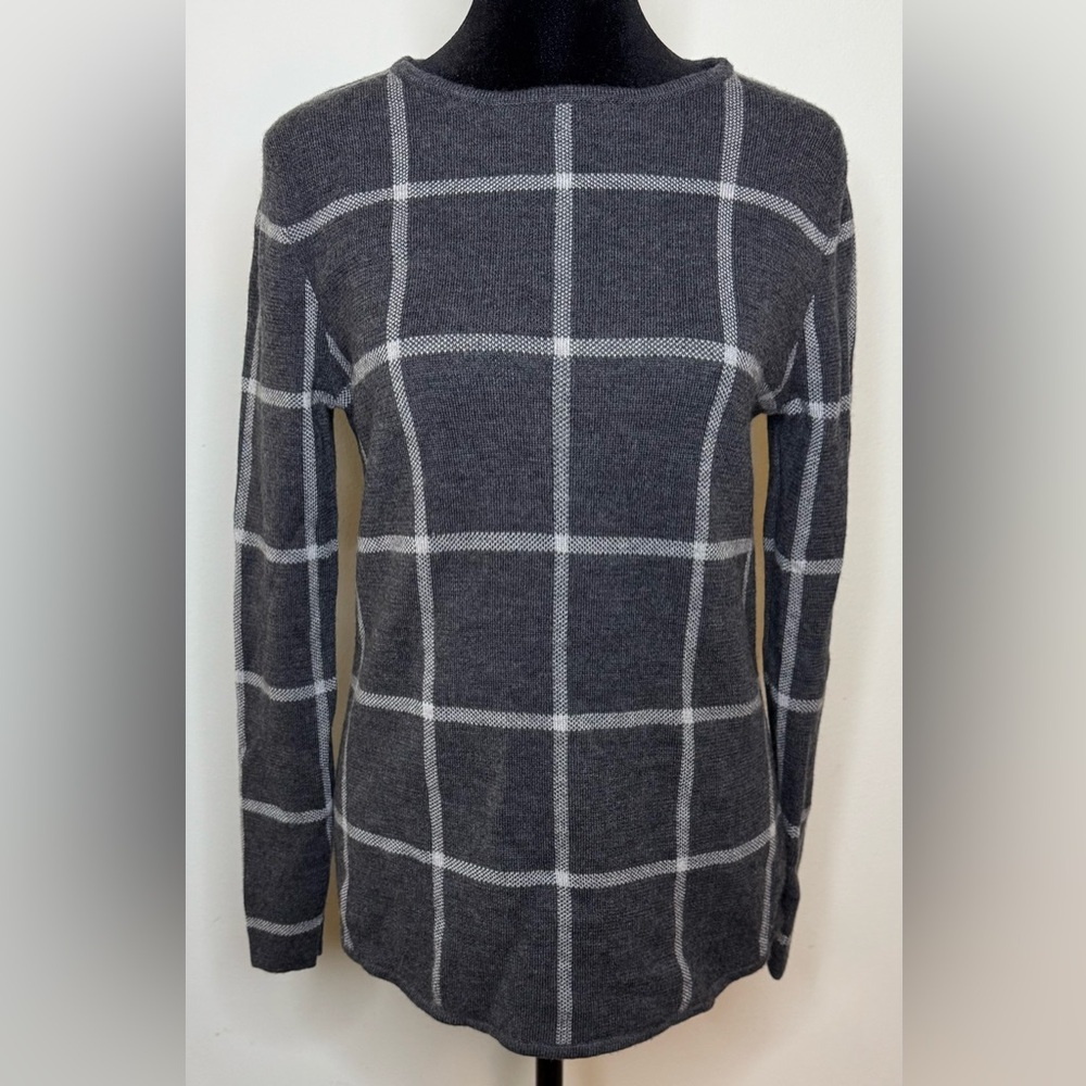 Athleta Dakota soft Merino wool Gray plaid split hem sweater preppy Small EUC